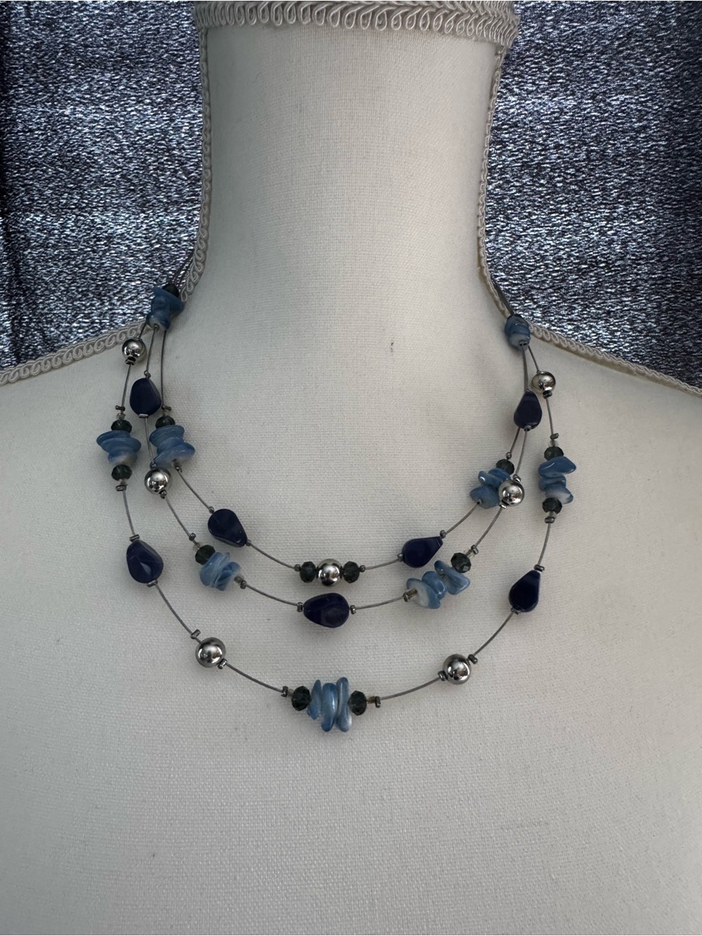 Three-Strand Blue Bead Layered Necklace
